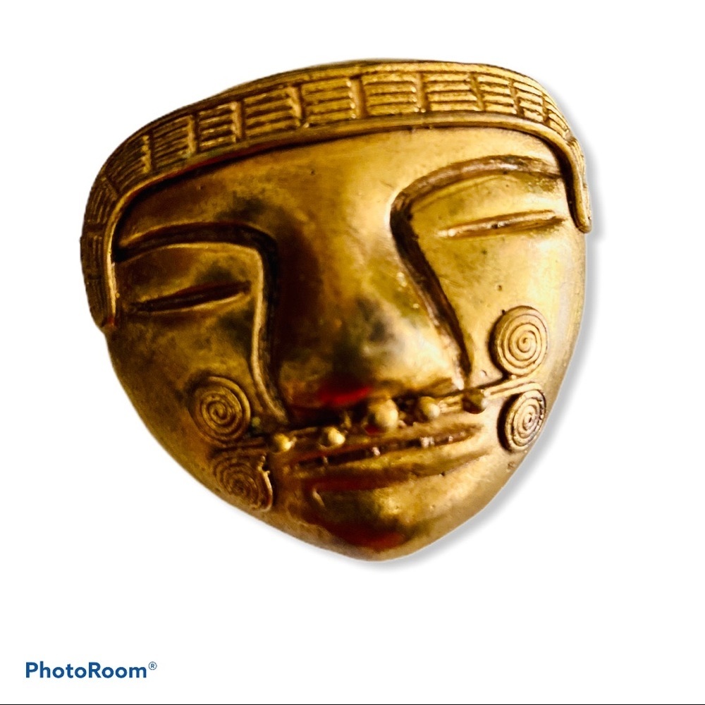 Vintage Inca Aztec Mayan brooch pin pendant gold-plated
